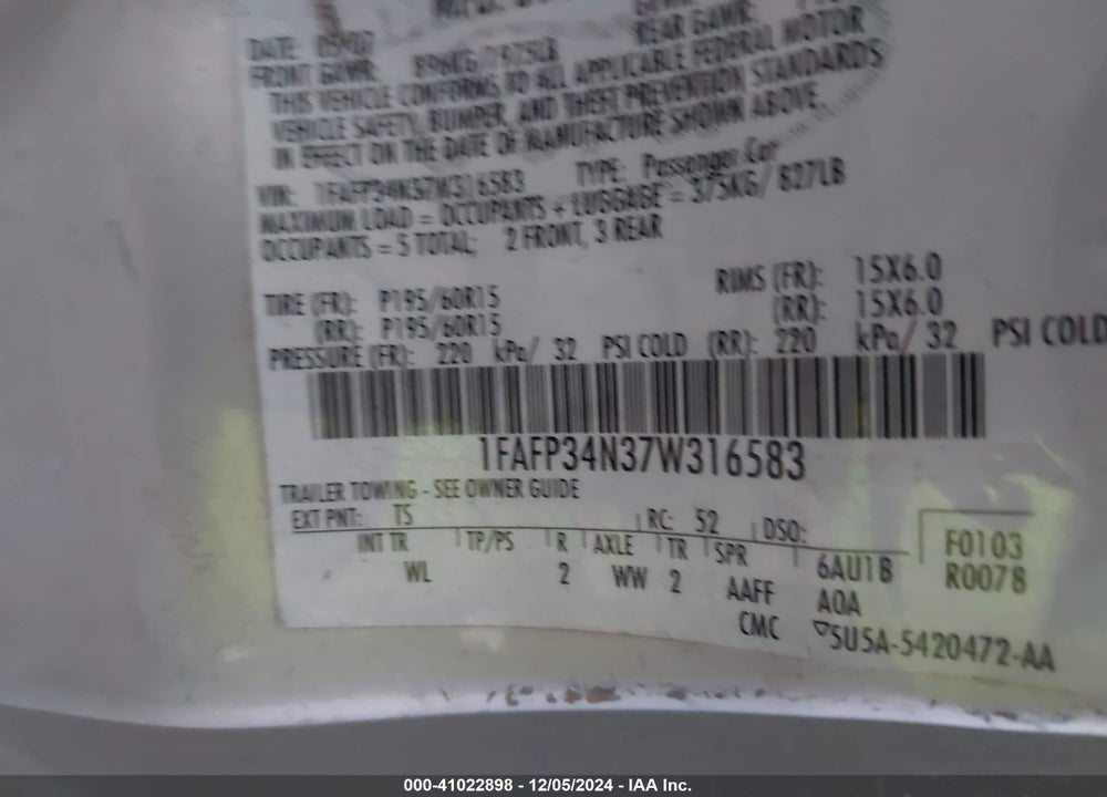 2007 FORD FOCUS S/SE/SES VIN: 1FAFP34N37W316583