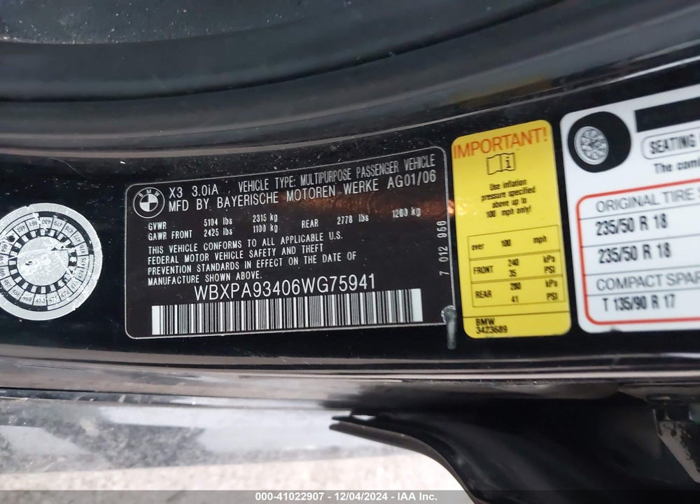 2006 BMW X3 3.0I VIN: WBXPA93406WG75941