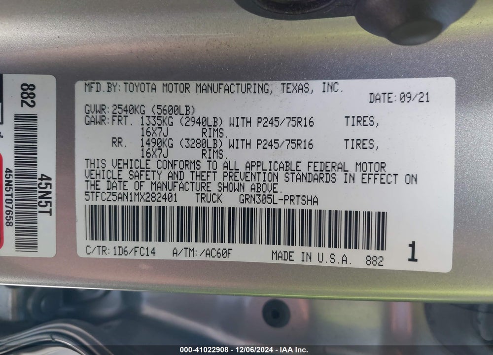 2021 TOYOTA TACOMA SR5 V6 VIN: 5TFCZ5AN1MX282401