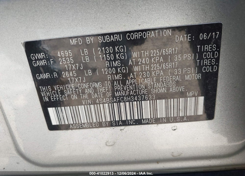 2017 SUBARU OUTBACK 2.5I PREMIUM VIN: 4S4BSAFC8H3437633
