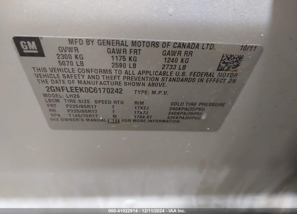 2012 CHEVROLET EQUINOX 1LT VIN: 2GNFLEEK0C6170242