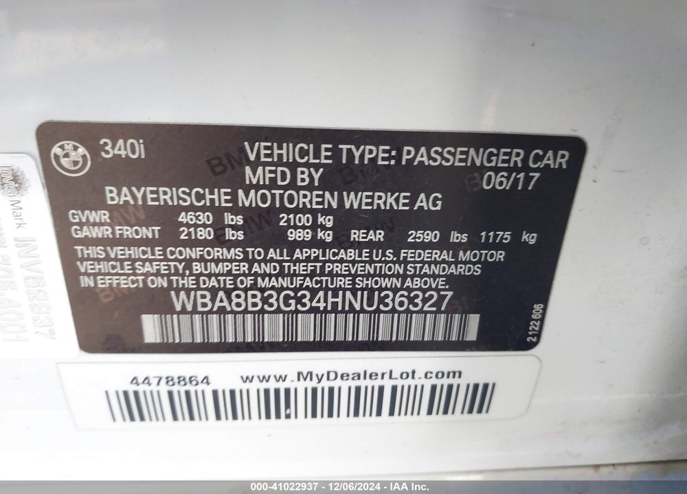2017 BMW 340I VIN: WBA8B3G34HNU36327
