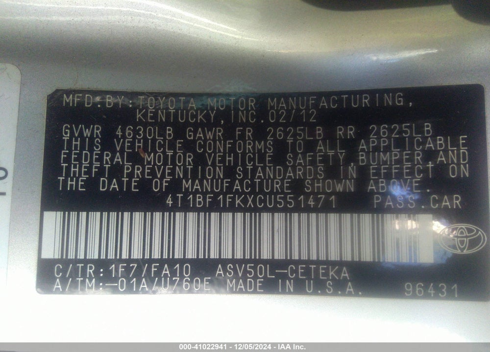 2012 TOYOTA CAMRY L VIN: 4T1BF1FKXCU551471