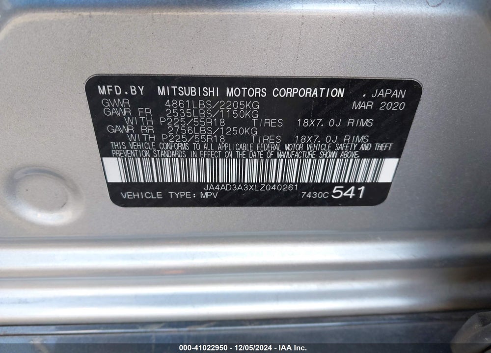 2020 MITSUBISHI OUTLANDER SP 2.4 VIN: JA4AD3A3XLZ040261