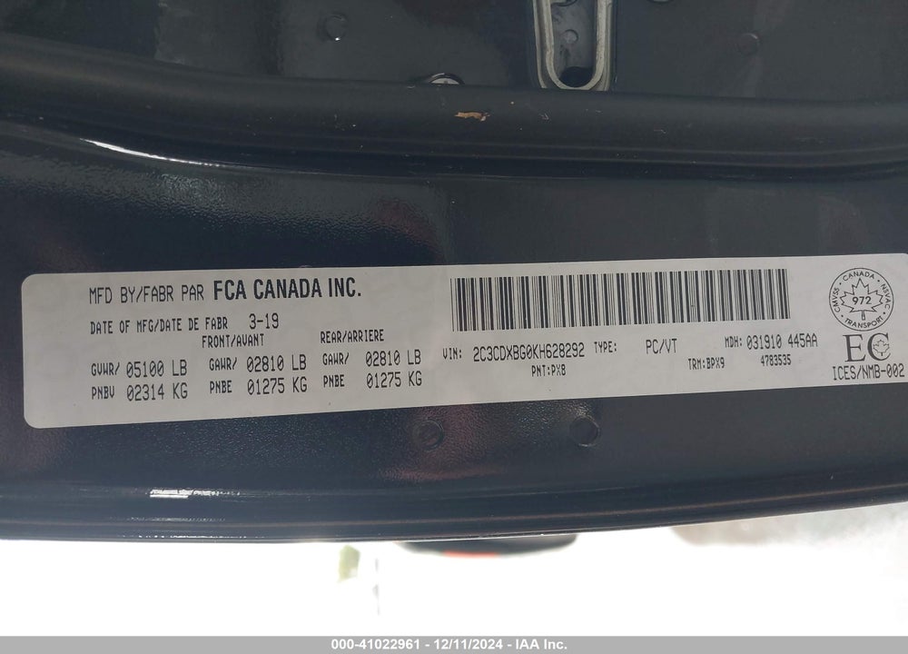 2019 DODGE CHARGER SXT VIN: 2C3CDXBG0KH628292