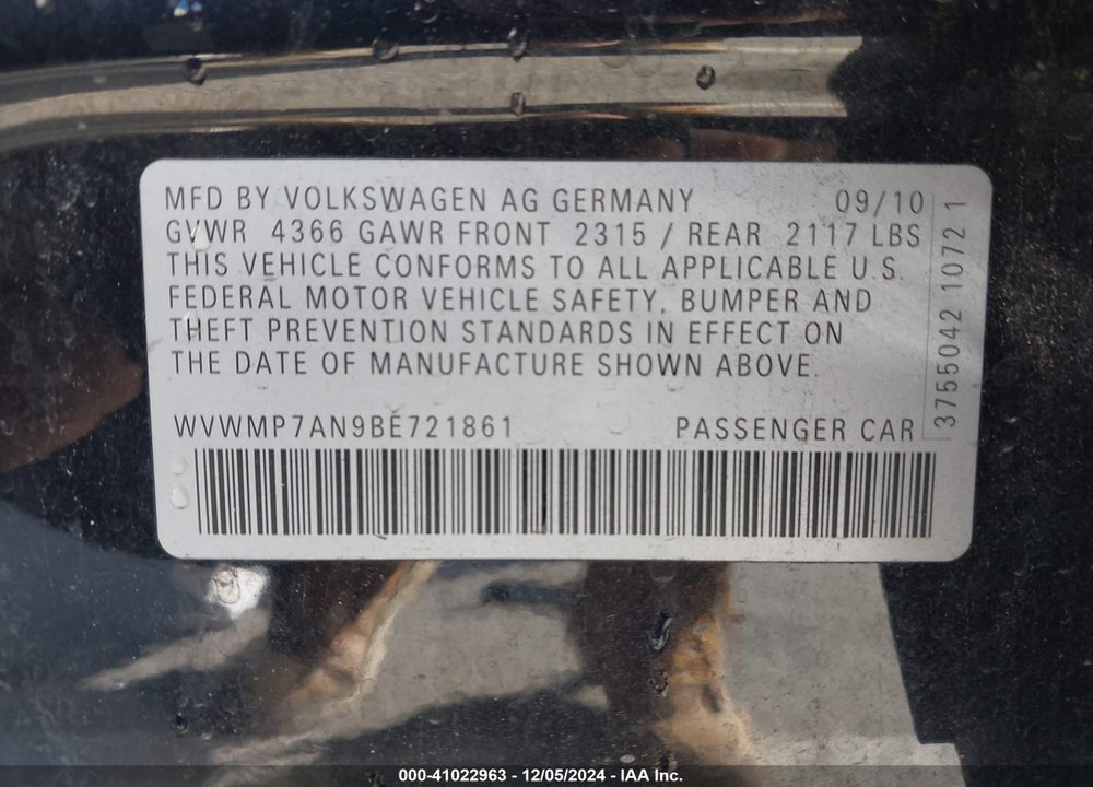 2011 VOLKSWAGEN CC SPORT VIN: WVWMP7AN9BE721861