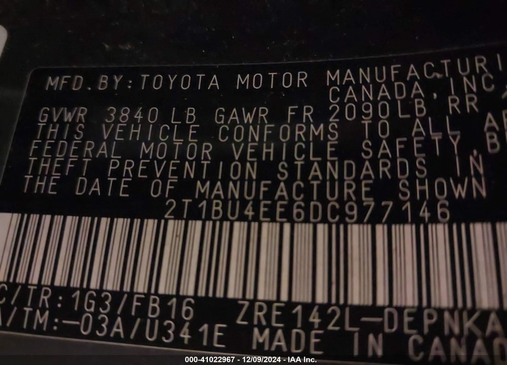 2013 TOYOTA COROLLA VIN: 2T1BU4EE6DC977146