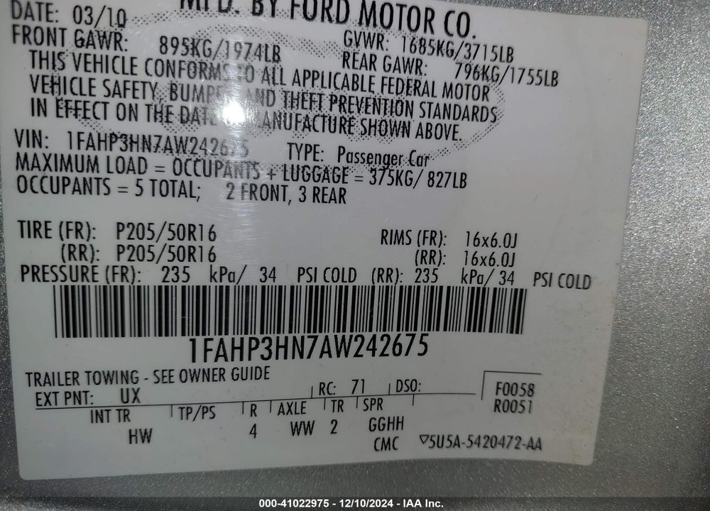 2010 FORD FOCUS SEL VIN: 1FAHP3HN7AW242675