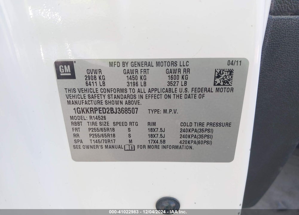 2011 GMC ACADIA SLE VIN: 1GKRPED2BJ368507