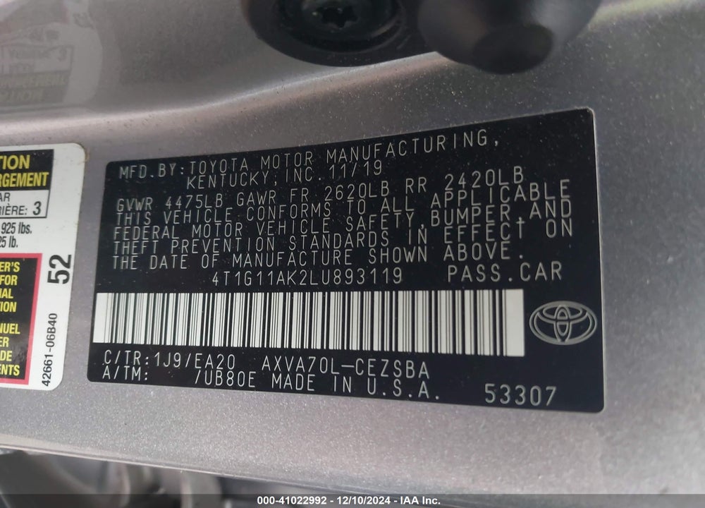 2020 TOYOTA CAMRY VIN: 4T1G11AK2LU893119