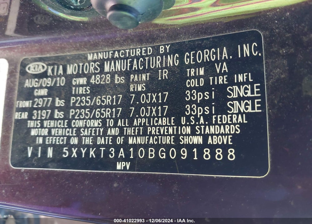 2011 KIA SORENTO LX VIN: 5XYKT3A10BG091888