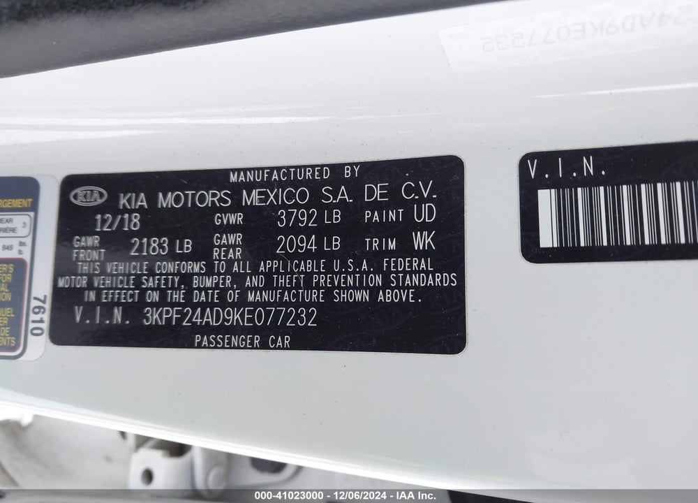 2019 KIA FORTE LXS VIN: 3KPF24AD9KE077232