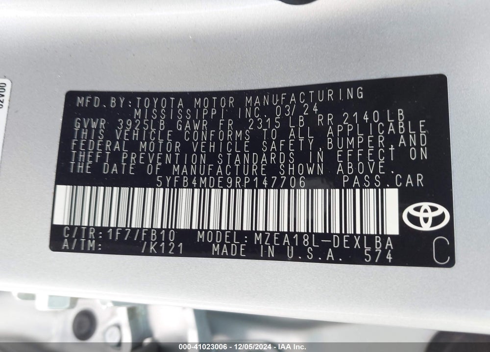 2024 TOYOTA COROLLA LE VIN: 5YFB4MDE9RP147706