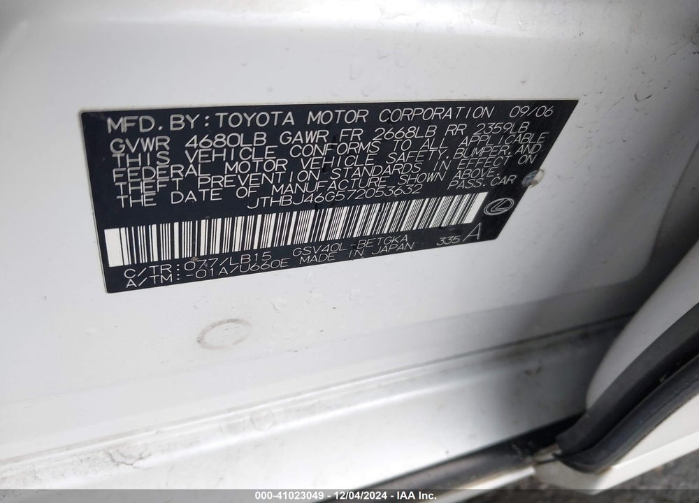 2007 LEXUS ES 350 VIN: JTHBJ46G572053632