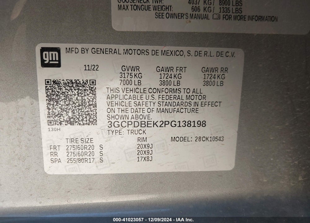 2023 CHEVROLET SILVERADO 1500 4WD SHORT BED CUSTOM VIN: 3GCPDBEK2PG138198