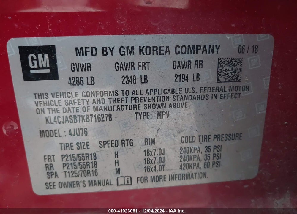 2019 BUICK ENCORE FWD PREFERRED VIN: KL4CJASB7KB716278