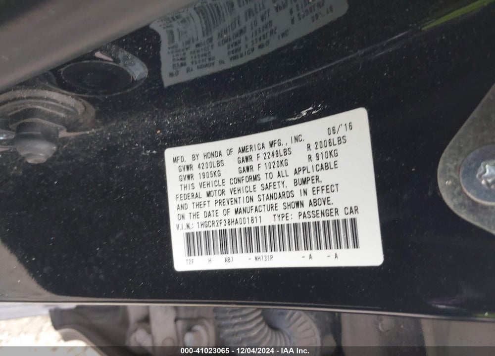 2017 HONDA ACCORD LX VIN: 1HGCR2F38HA001811