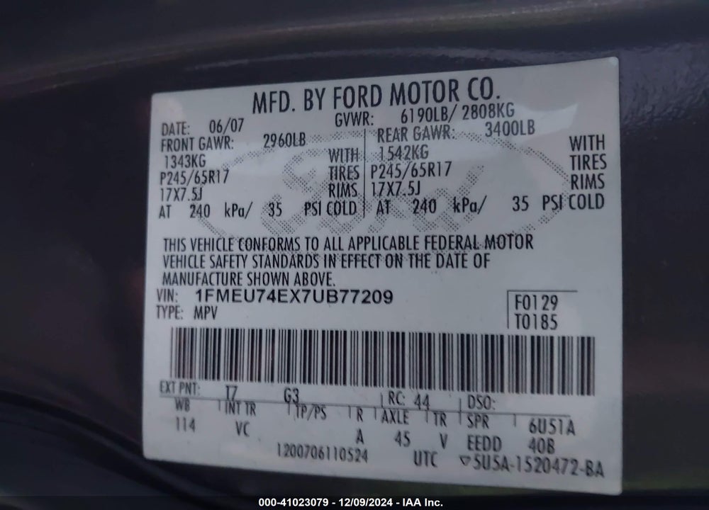 2007 FORD EXPLORER EDDIE BAUER VIN: 1FMEU74EX7UB77209