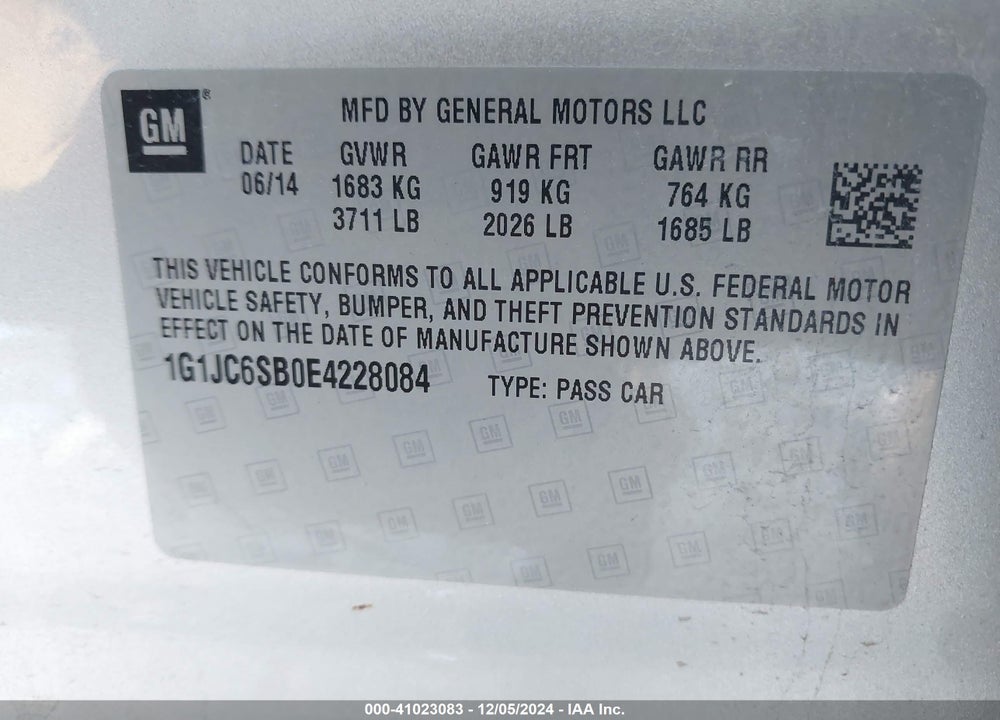 2014 CHEVROLET SONIC LT AUTO VIN: 1G1JC6SB0E4228084