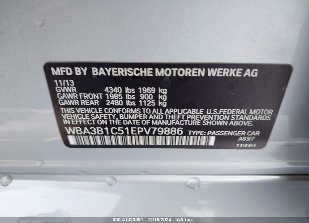 2014 BMW 320I VIN: WBA3B1C51EPV79886