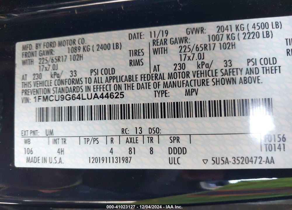 2020 FORD ESCAPE SE VIN: 1FMCU9G64LUA44625