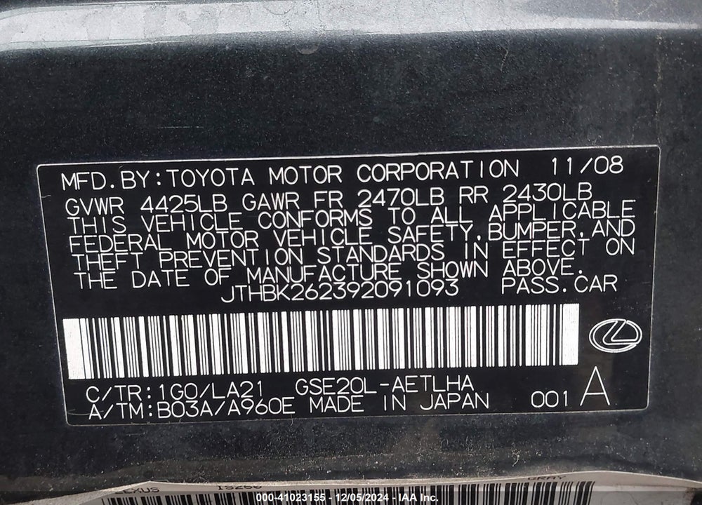 2009 LEXUS IS 250 VIN: JTHBK262392091093