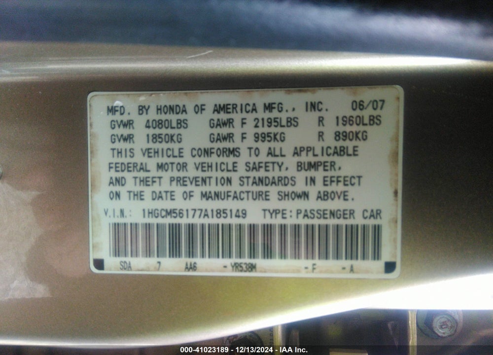 2007 HONDA ACCORD 2.4 VP VIN: 1HGCM56177A185149