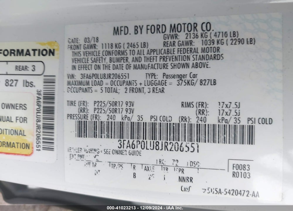2018 FORD FUSION HYBRID SE VIN: 3FA6P0LU8JR206551