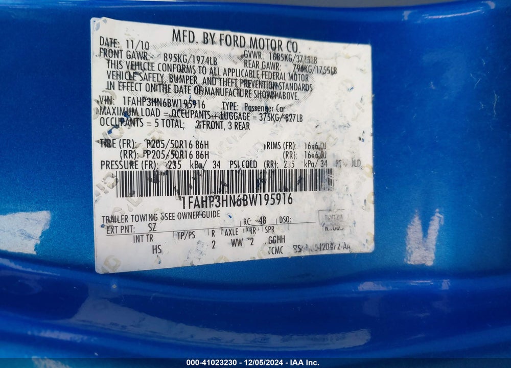 2011 FORD FOCUS SEL VIN: 1FAHP3HN6BW195916