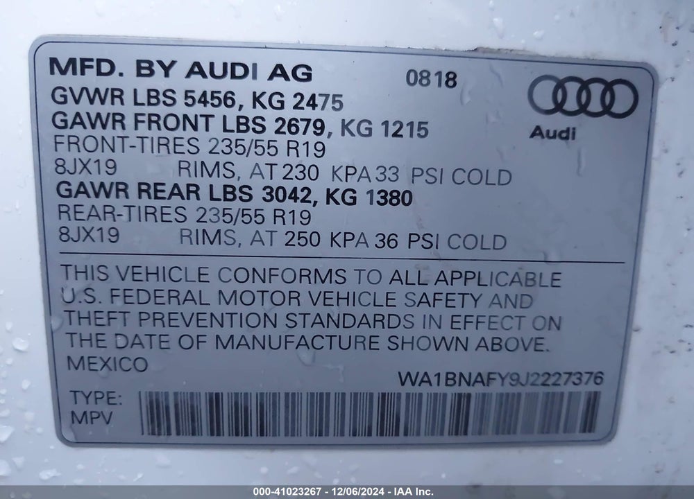 2018 AUDI Q5 VIN: WA1BNAFY9J2227376
