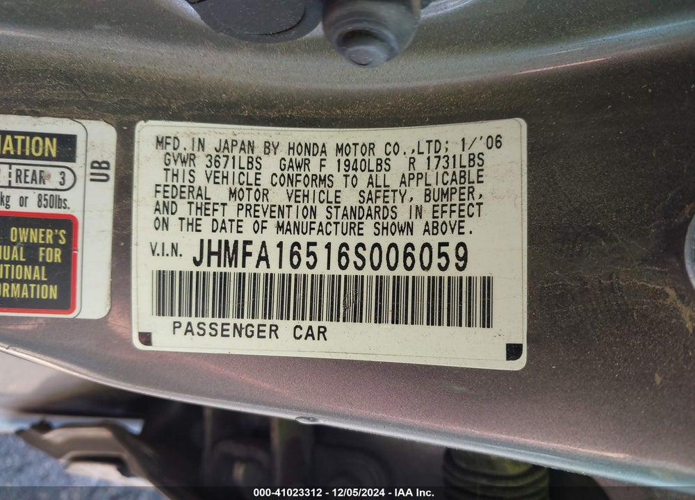 2006 HONDA CIVIC LX VIN: JHMFA16516S006059