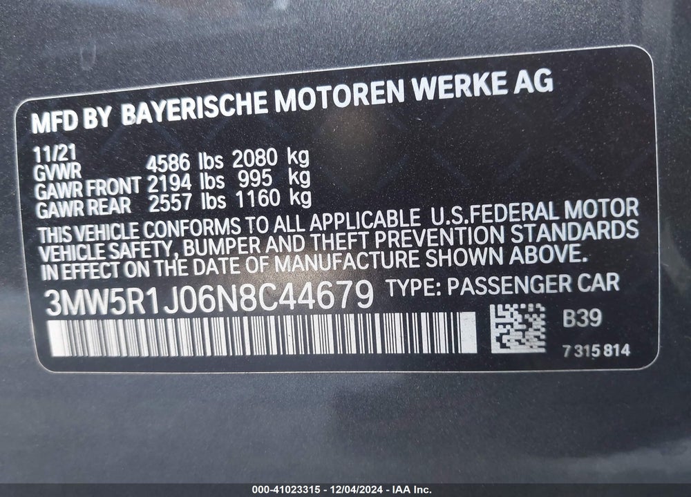 2022 BMW 330I VIN: 3MW5R1J06N8C44679