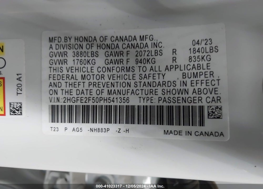 2023 HONDA CIVIC SPORT VIN: 2HGFE2F50PH541356