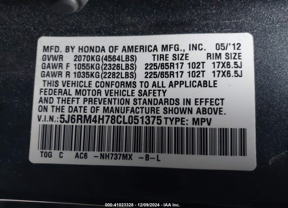 2012 HONDA CR-V EX-L VIN: 5J6RM4H78CL051375