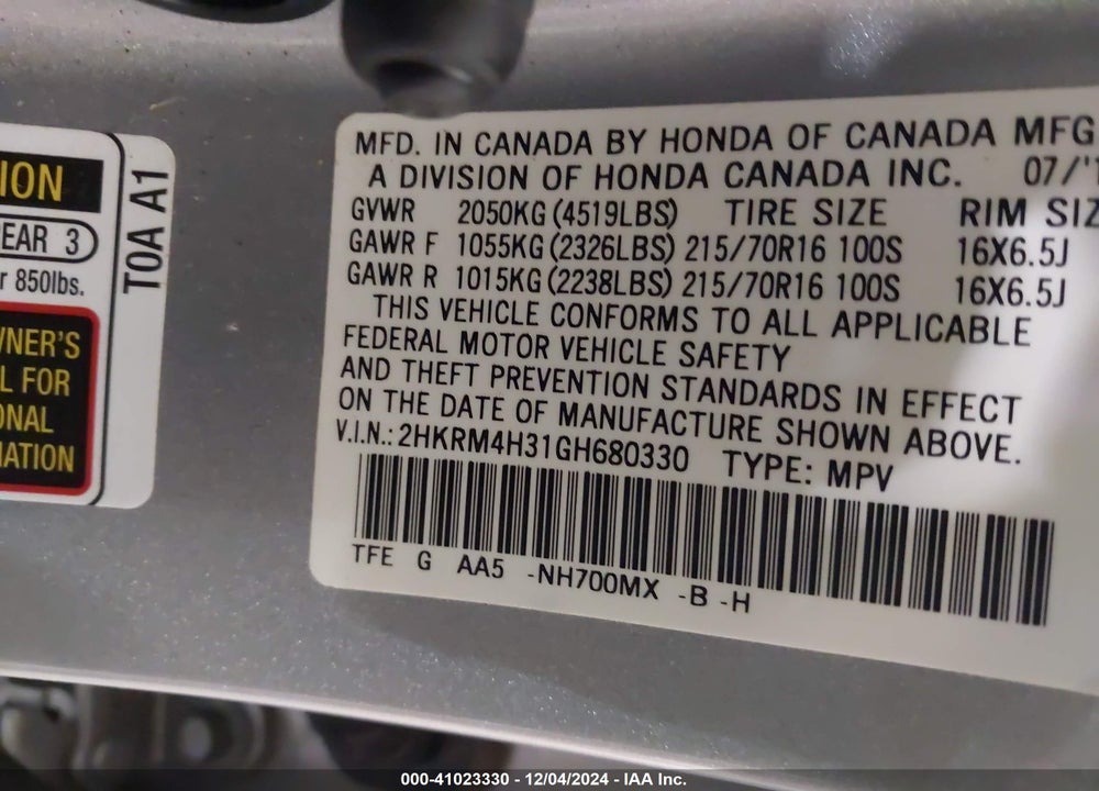 2016 HONDA CR-V LX VIN: 2HKRM4H31GH680330