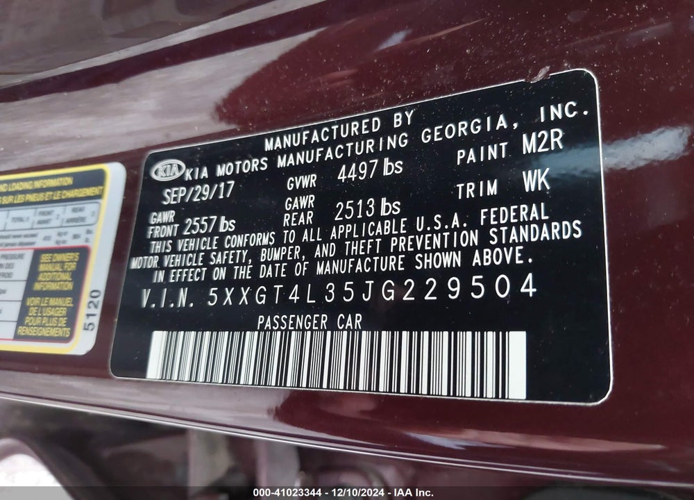2018 KIA OPTIMA LX VIN: 5XXGT4L35JG229504