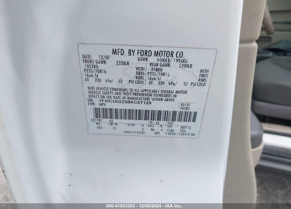 2008 FORD ESCAPE XLS/XLS MANUAL VIN: 1FMCU02Z08KC67129