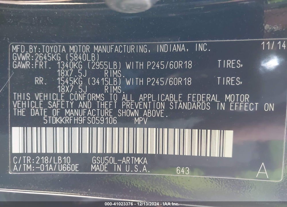 2015 TOYOTA HIGHLANDER XLE V6 VIN: 5TDKKRFH9FS059106