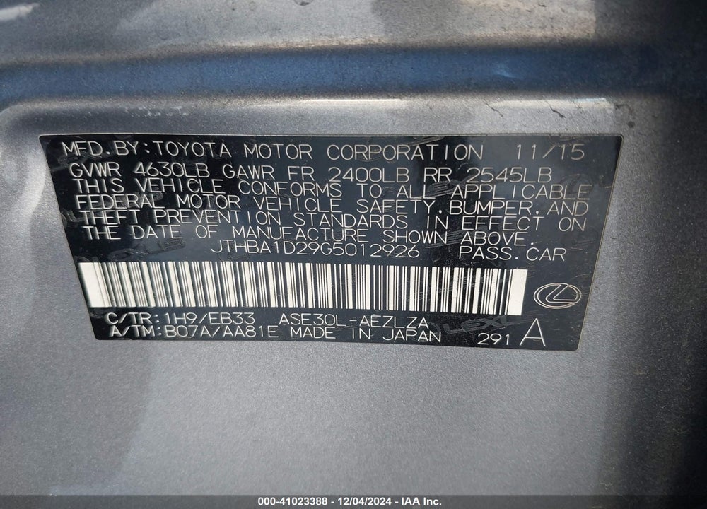 2016 LEXUS IS 200T VIN: JTHBA1D29G5012926