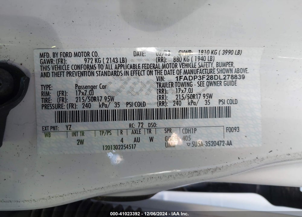 2013 FORD FOCUS SE VIN: 1FADP3F28DL278839