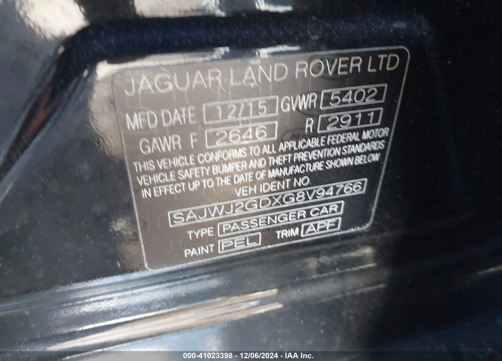 2016 JAGUAR XJ XJL PORTFOLIO VIN: SAJWJ2GDXG8V94766