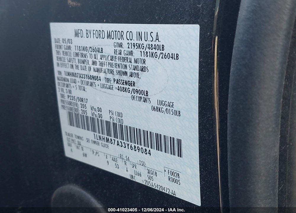 2003 LINCOLN LS V8 VIN: 1LNHM87A33Y689084
