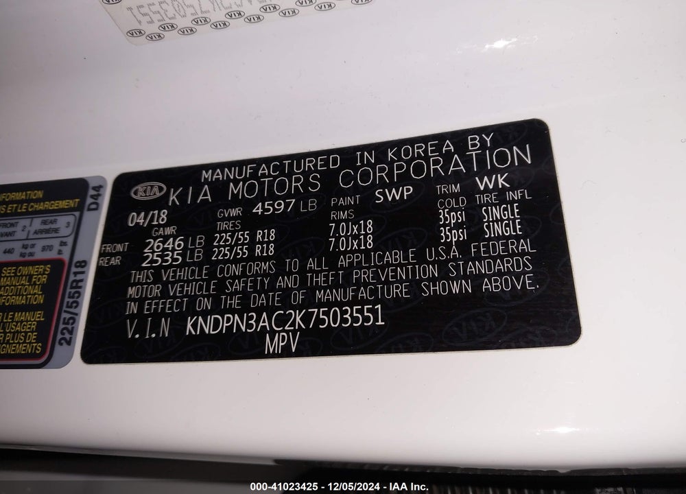 2019 KIA SPORTAGE EX VIN: KNDPN3AC2K7503551