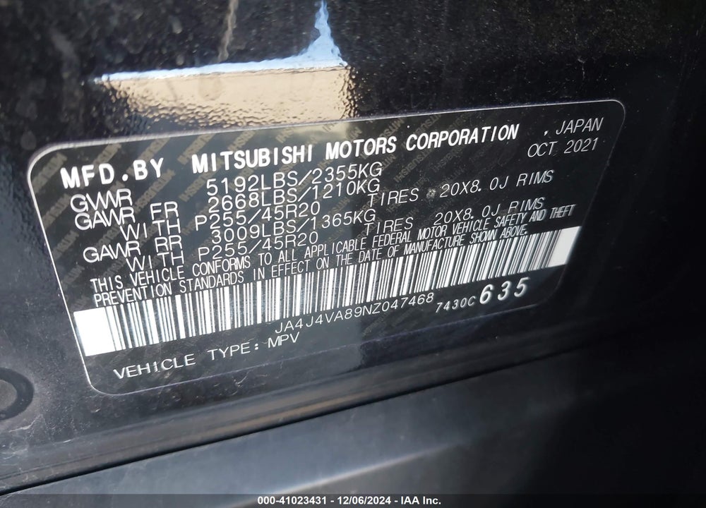 2022 MITSUBISHI OUTLANDER SEL 2.5 /SEL LAUNCH EDITION /SEL SPECIAL EDITION VIN: JA4J4VA89NZ047468