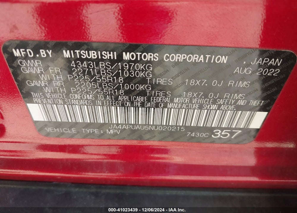 2022 MITSUBISHI OUTLANDER SPORT 2.0 BE 2WD/2.0 ES 2WD/2.0 LE 2WD/2.0 S 2WD VIN: JA4APUAU5NU020215