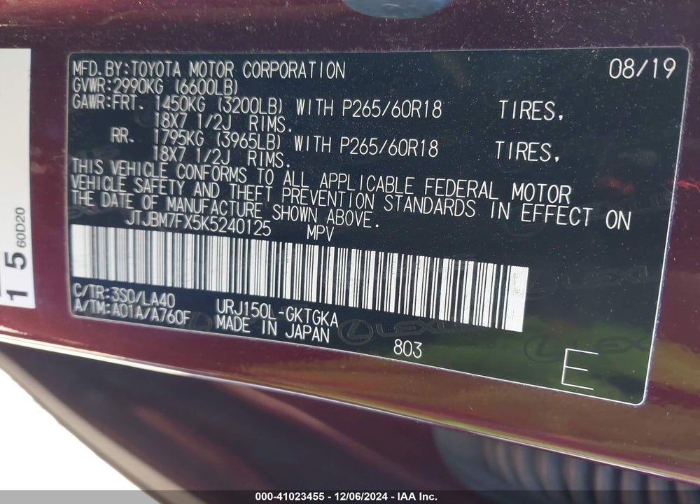2019 LEXUS GX 460 VIN: JTJBM7FX5K5240125