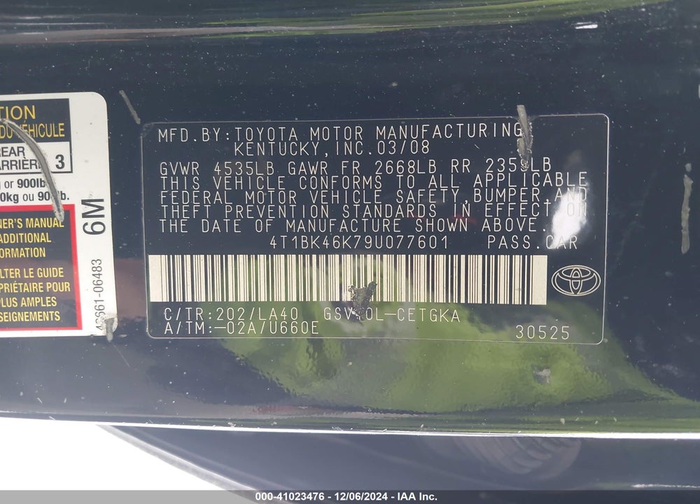 2009 TOYOTA CAMRY XLE V6 VIN: 4T1BK46K79U077601