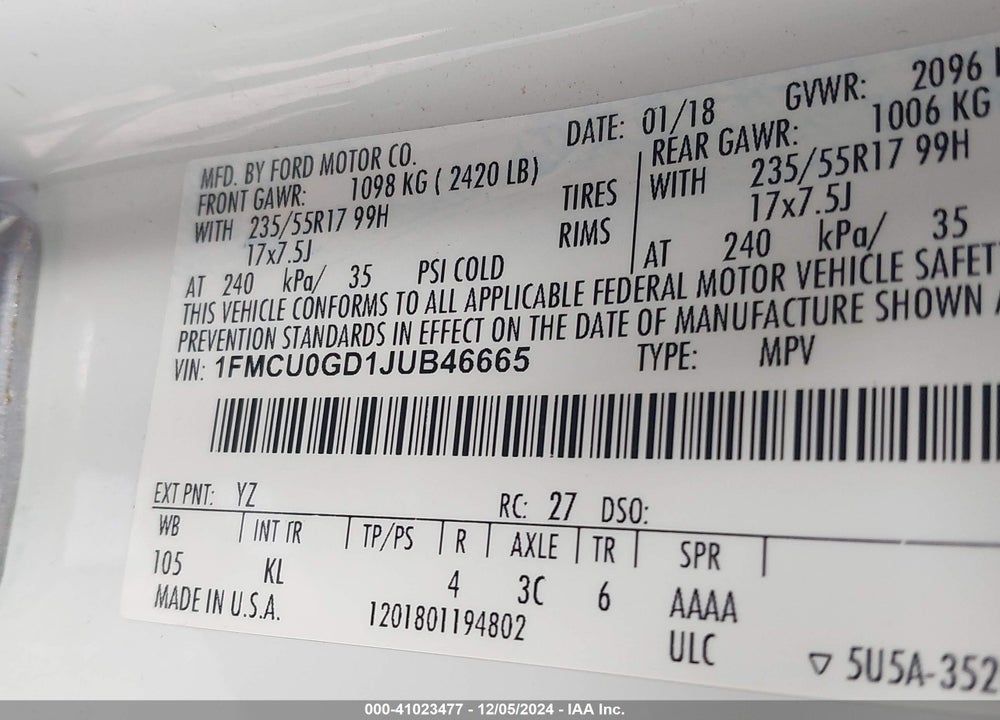 2018 FORD ESCAPE SE VIN: 1FMCU0GD1JUB46665