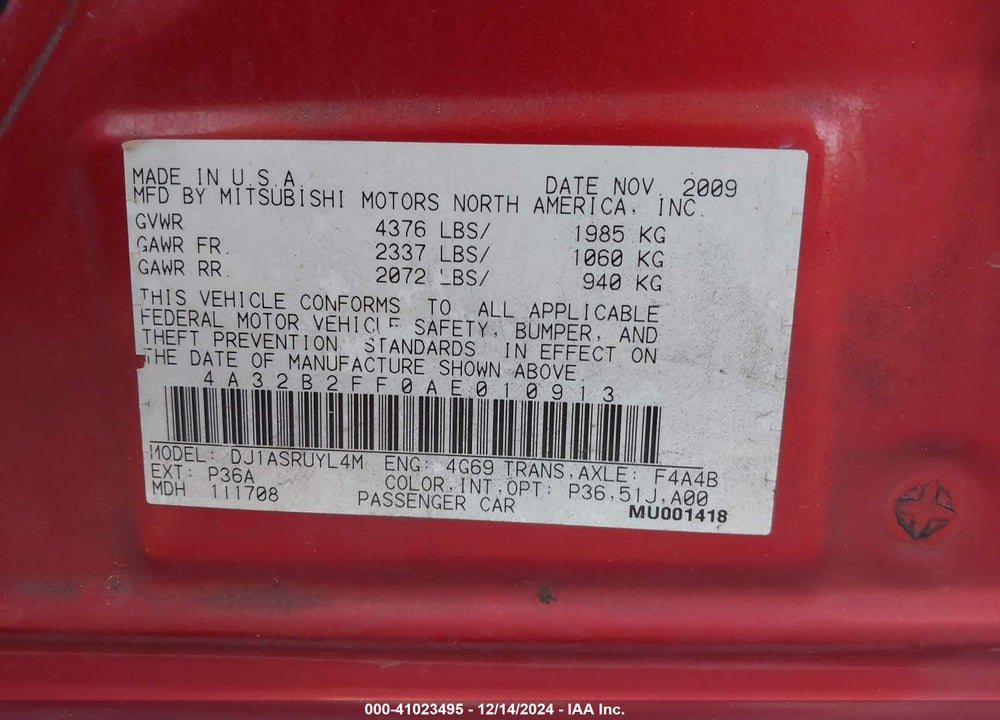2010 MITSUBISHI GALANT FE VIN: 4A32B2FF0AE010913
