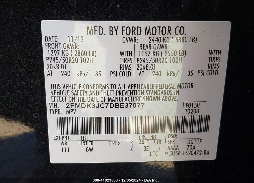 2013 FORD EDGE SEL VIN: 2FMDK3JC7DBE37077